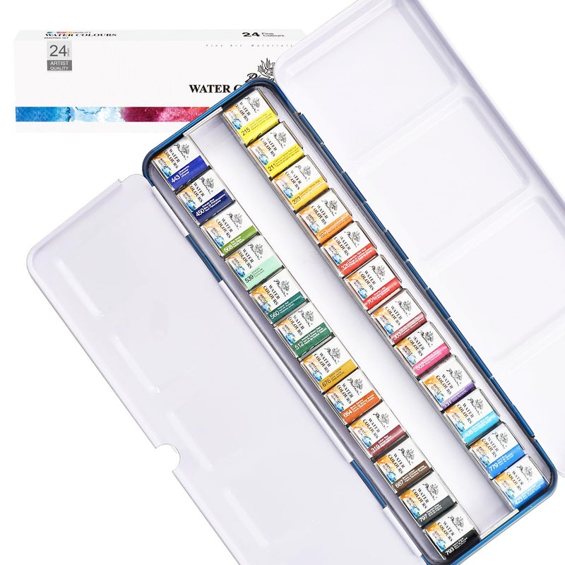 PHOENIX Artist Watercolor Paint Set - Half Pan 24 Colors Quality Pigment Watercolor Palette with Portable Tin Box for Adults, Professional Artists - Image 1